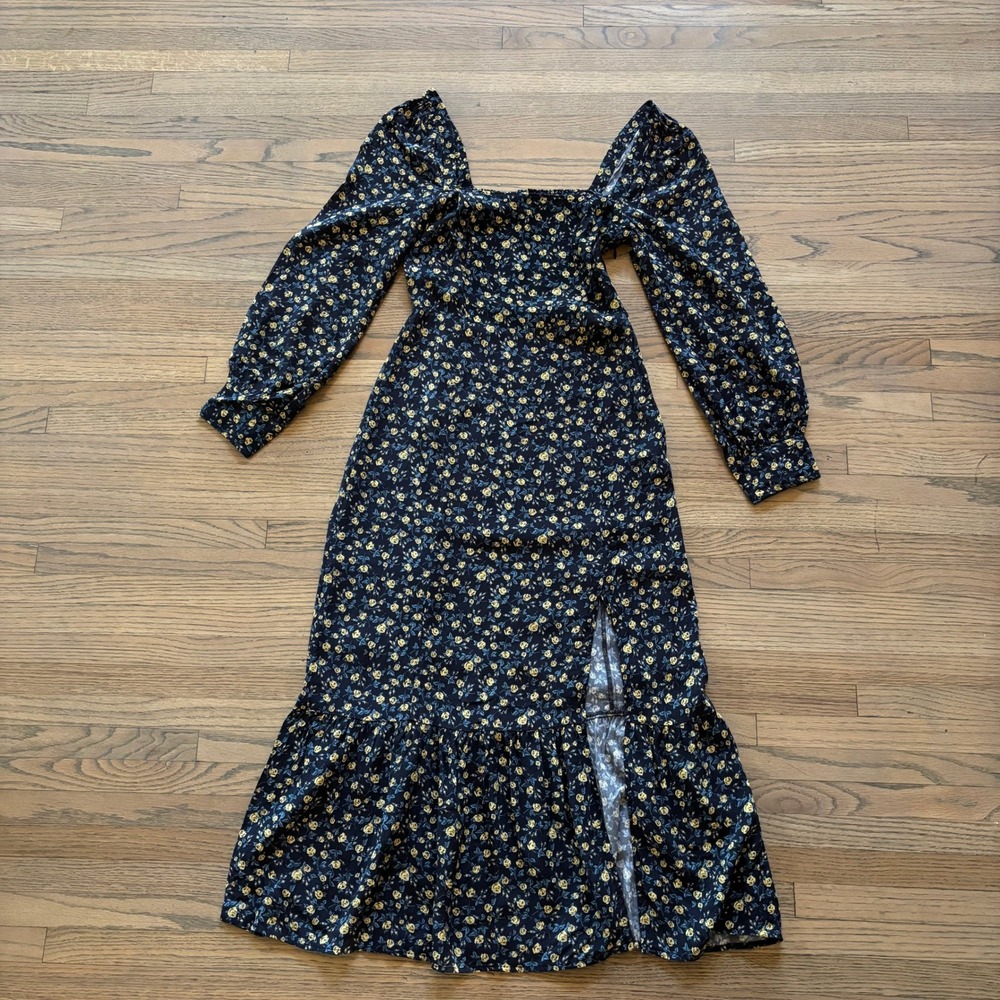 PAIGE Black Yellow Floral Square Neck Puff Sleeve Midi Dress with Slit Size XS